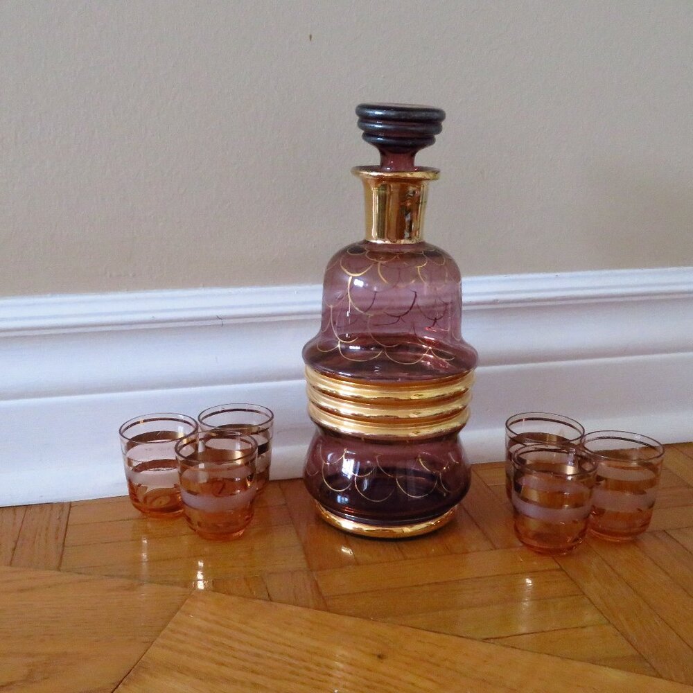 Vintage 1940 handblown Empoli glass liqueur carafe ,amethyst glass plus 5 shot